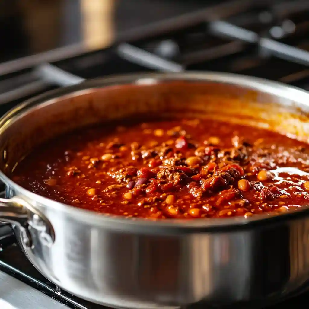 Chili Recipes Ground Beef Cooking Chili simmering on the stove with ground beef