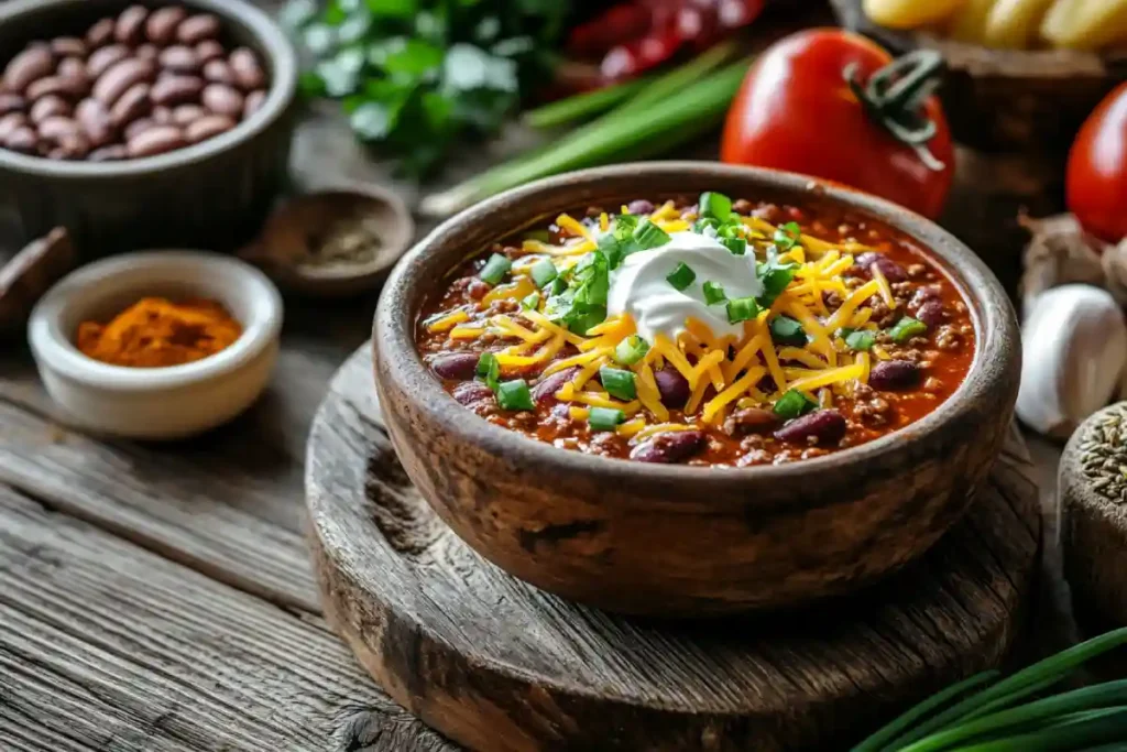 Classic chili recipe with ground beef and toppings