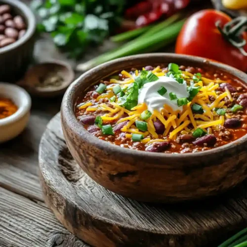 Classic chili recipe with ground beef and toppings