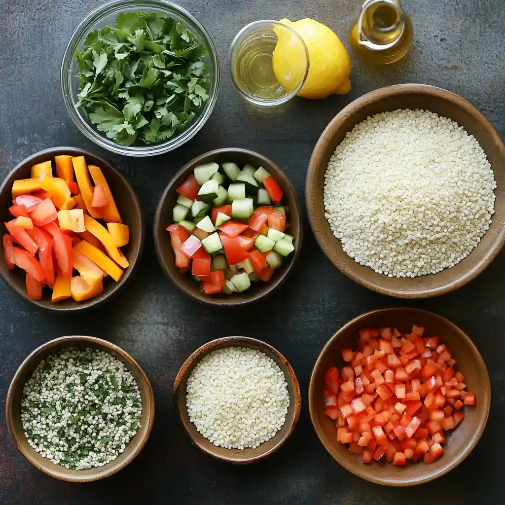 Couscous Salad Ingredients Couscous salad ingredients laid out