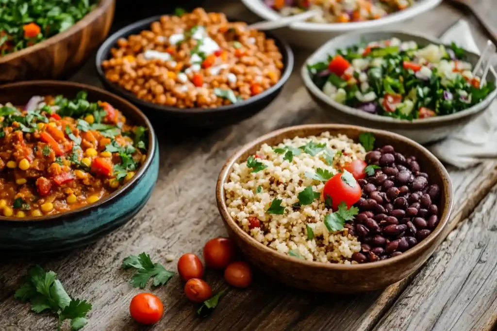 Colorful spread of plant-based diet recipes on a kitchen table