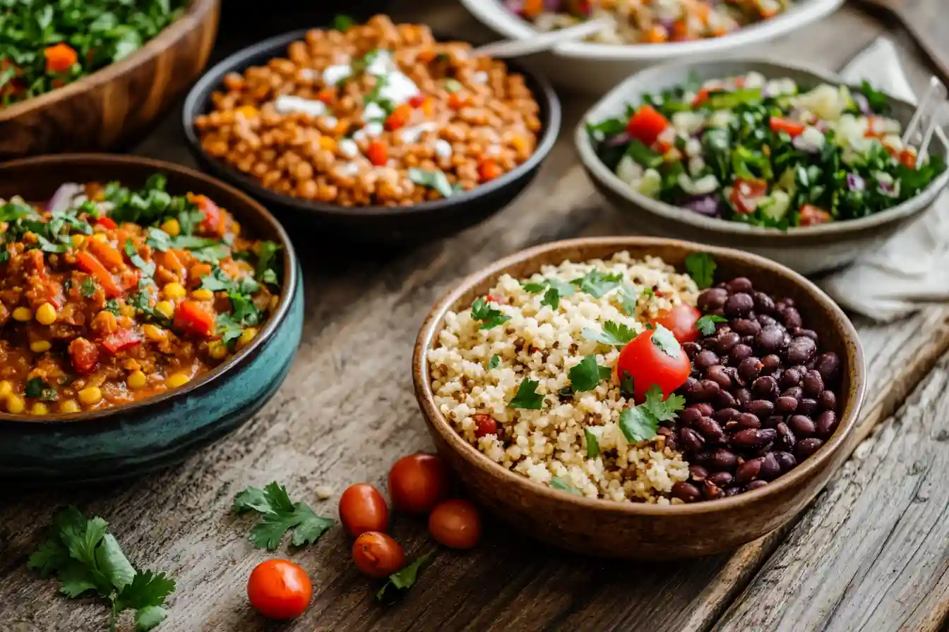 Plant Based Diet Recipes Featured Colorful spread of plant-based diet recipes on a kitchen table