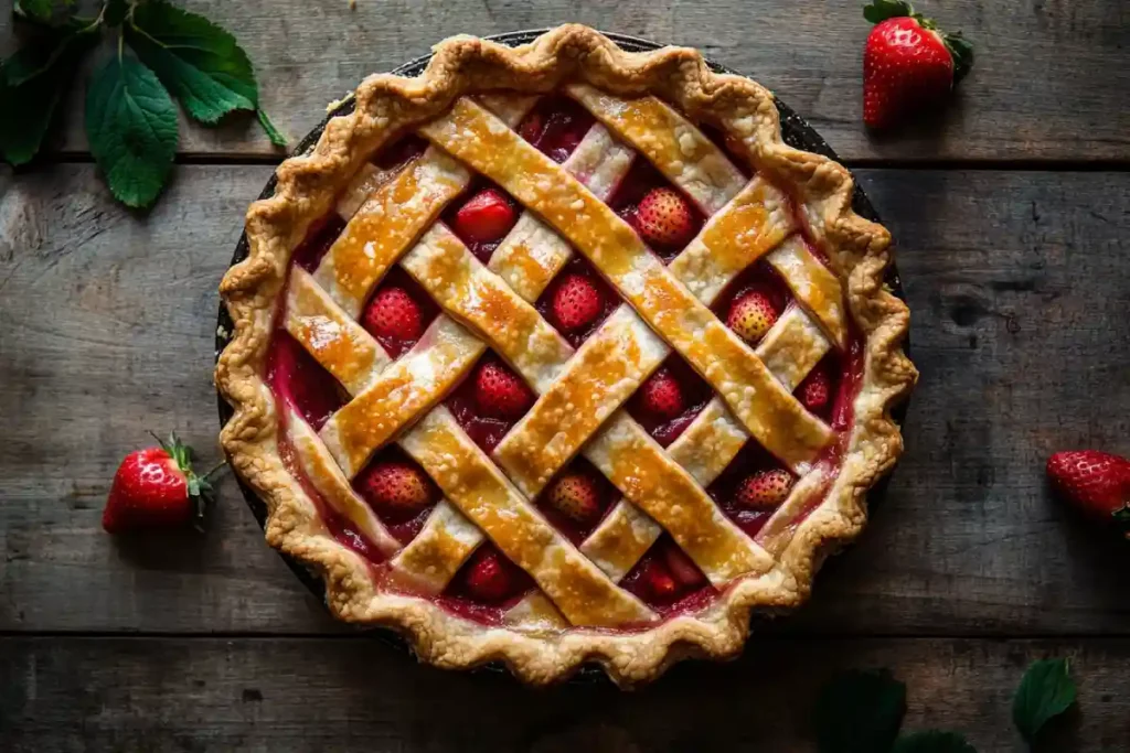rhubarb and strawberry pie on rustic table