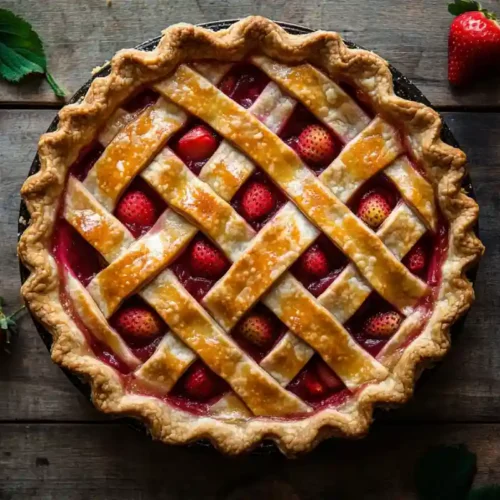 rhubarb and strawberry pie on rustic table