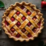 rhubarb and strawberry pie on rustic table