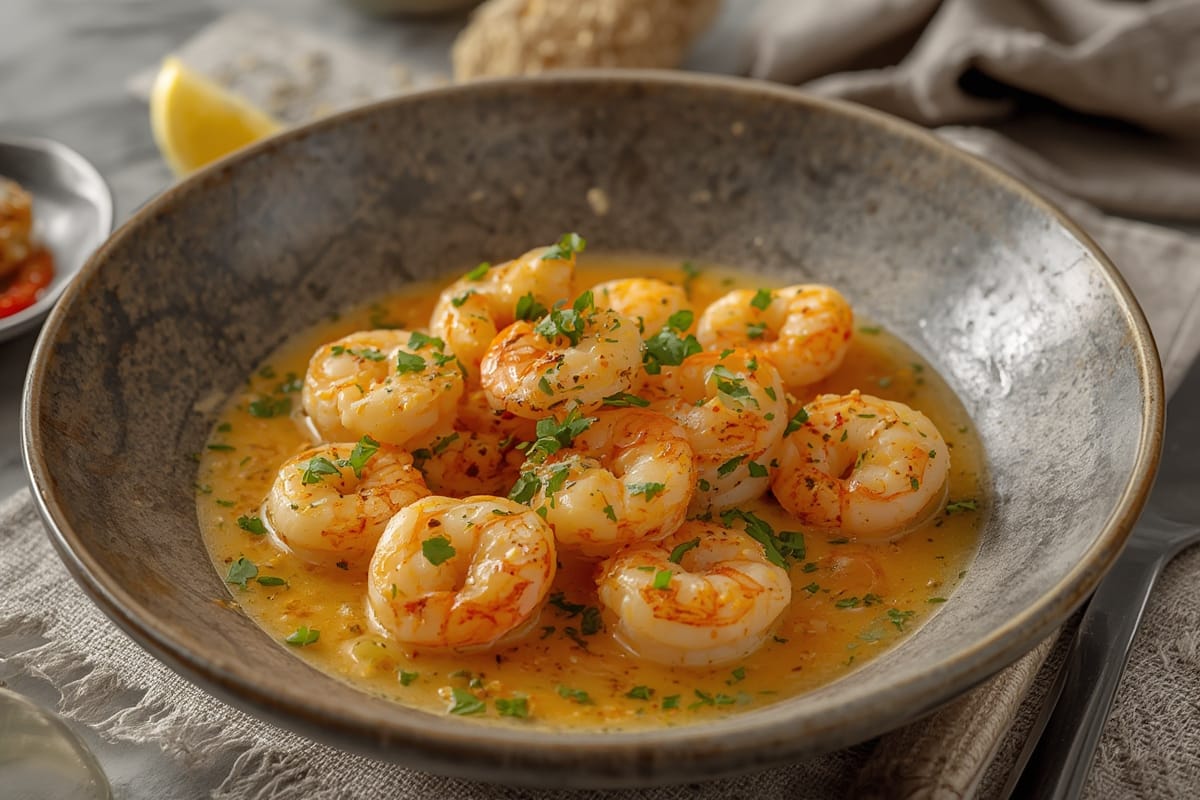 Succulent garlic butter shrimp sizzling in a skillet with herbs and lemon