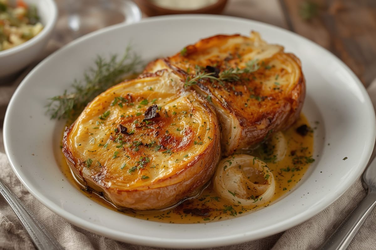 Golden brown roasted cabbage wedges on a baking sheet with lemon wedges