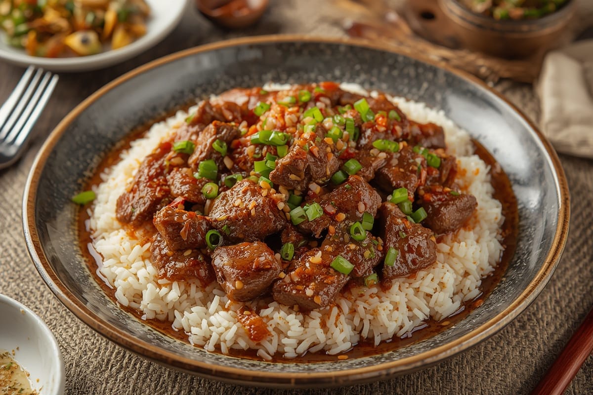 Juicy teriyaki beef slices glazed in glossy sauce, served with steamed broccoli and sesame seeds