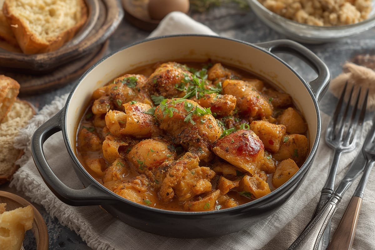 Rustic Dutch oven surrounded by fresh ingredients