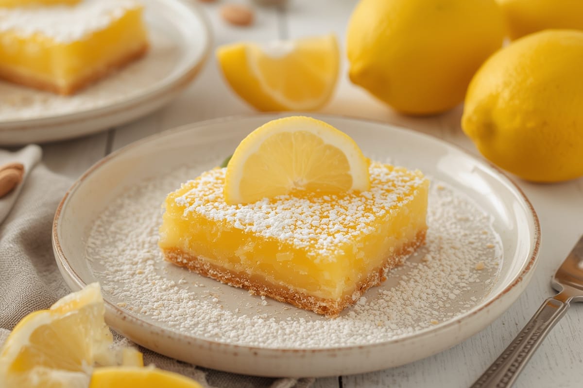 Tangy lemon bars with powdered sugar dusting