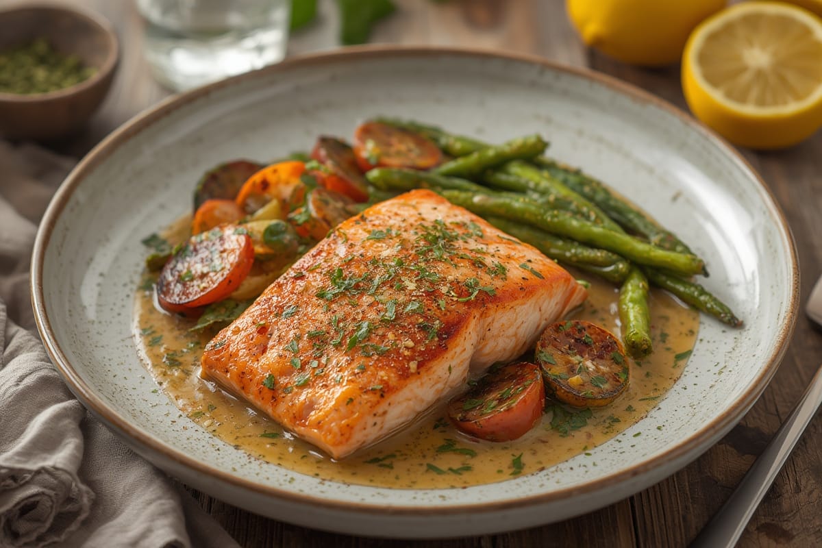 Perfectly seared salmon with lemon and herbs