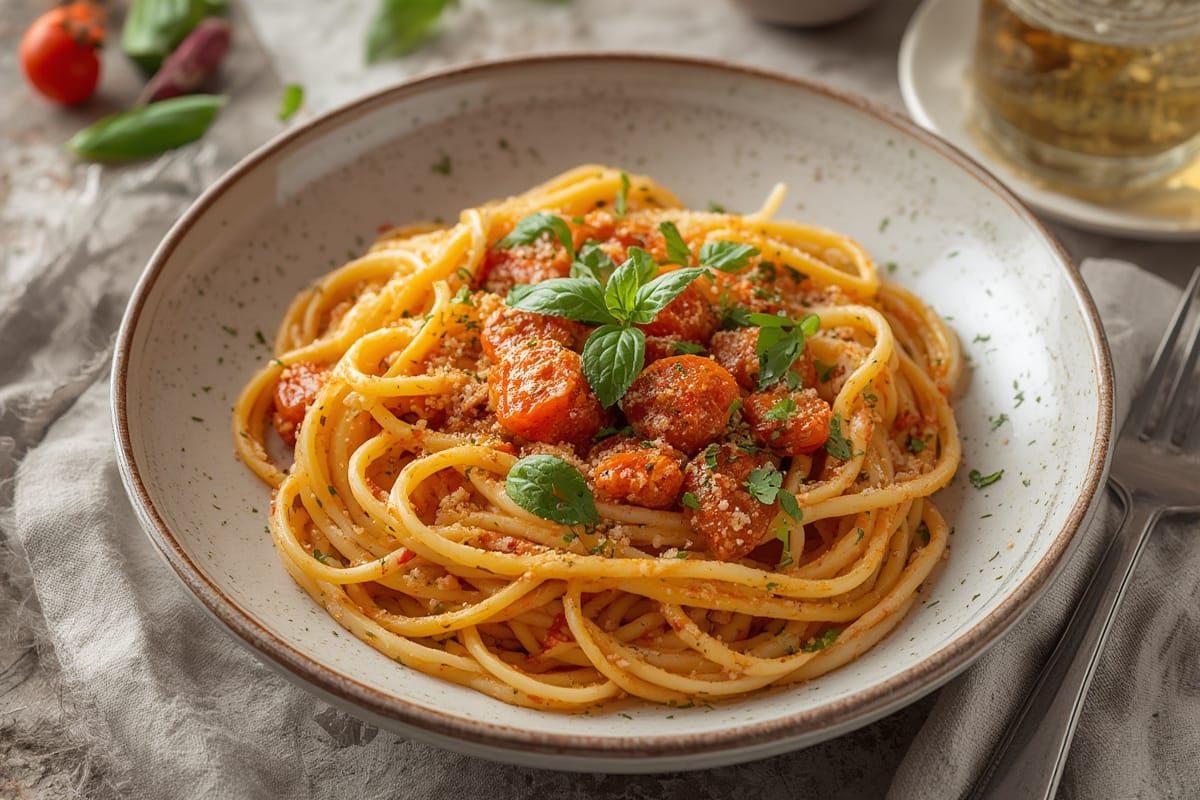 Simple Pasta Recipes - colorful bowl of spaghetti with fresh herbs