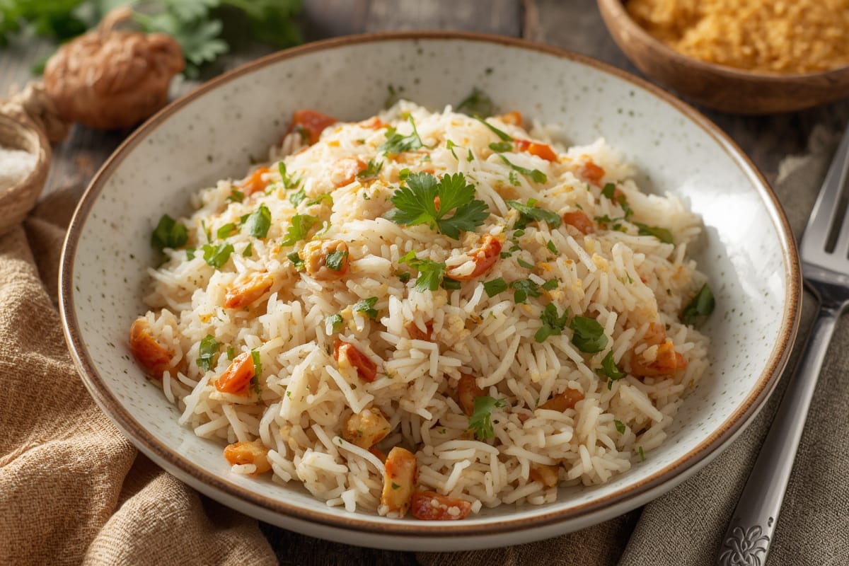 Bowl of fluffy jasmine rice with herbs
