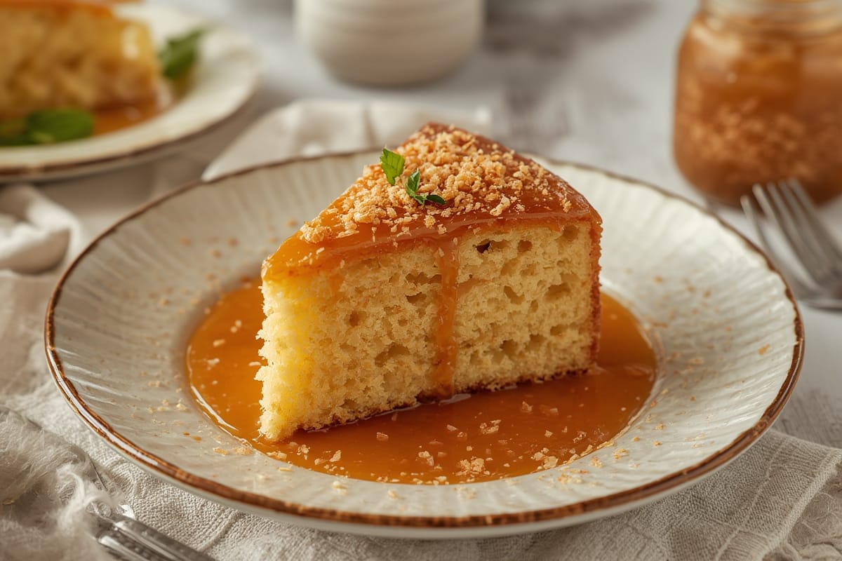 Decadent homemade caramel cake with golden caramel drizzle