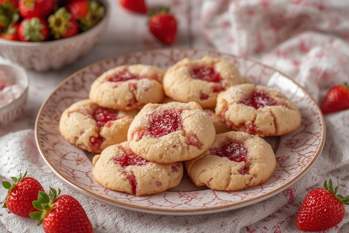 Freshly baked strawberry cookies with pink glaze on a rustic wooden table