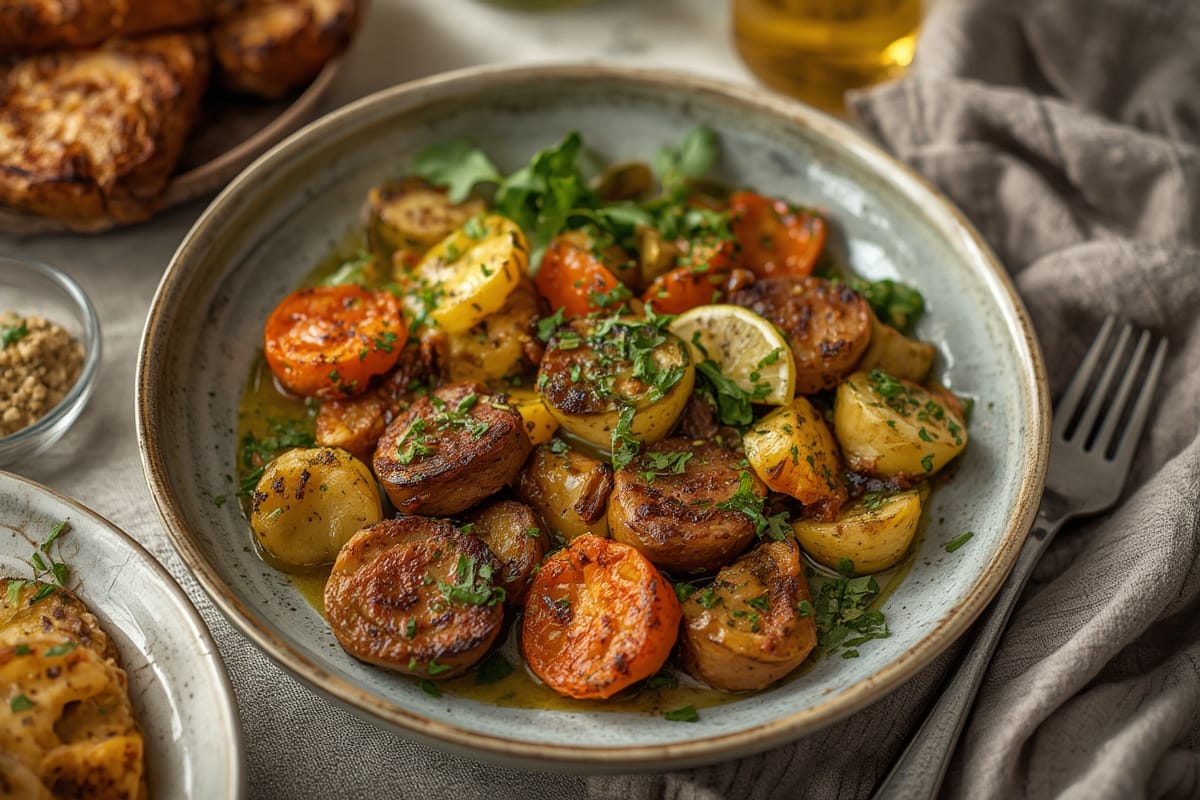 Colorful spread of vibrant vegan dinner dishes